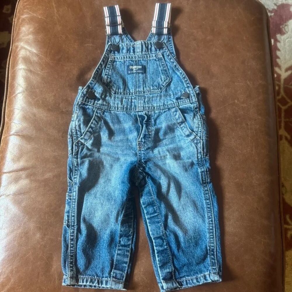 Osh Kosh Denim Overalls Red White Blue Straps 6-9 Months